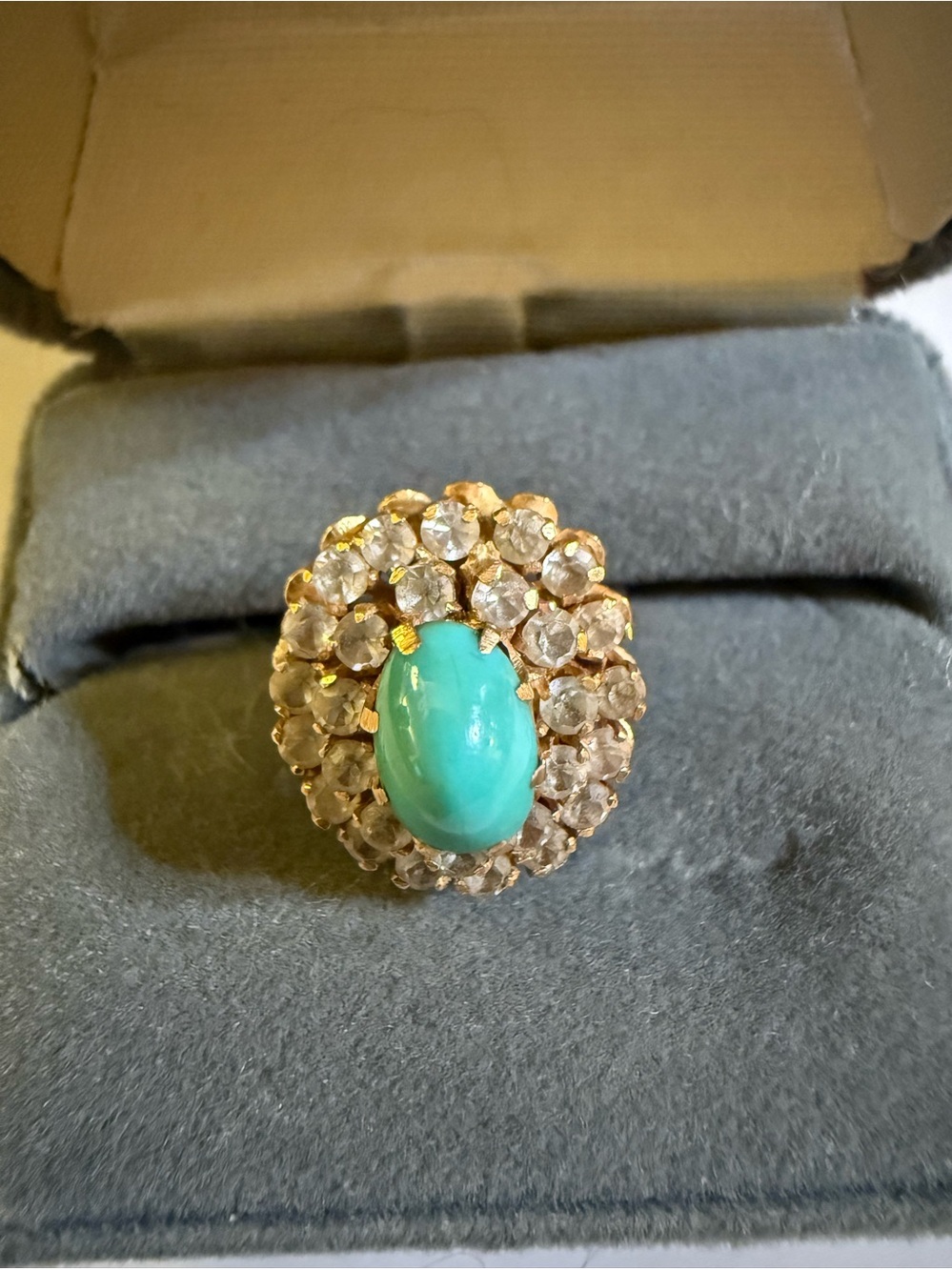 Antique Victorian 18K Gold Natural Turquoise Rose Cut Diamond Halo Ring